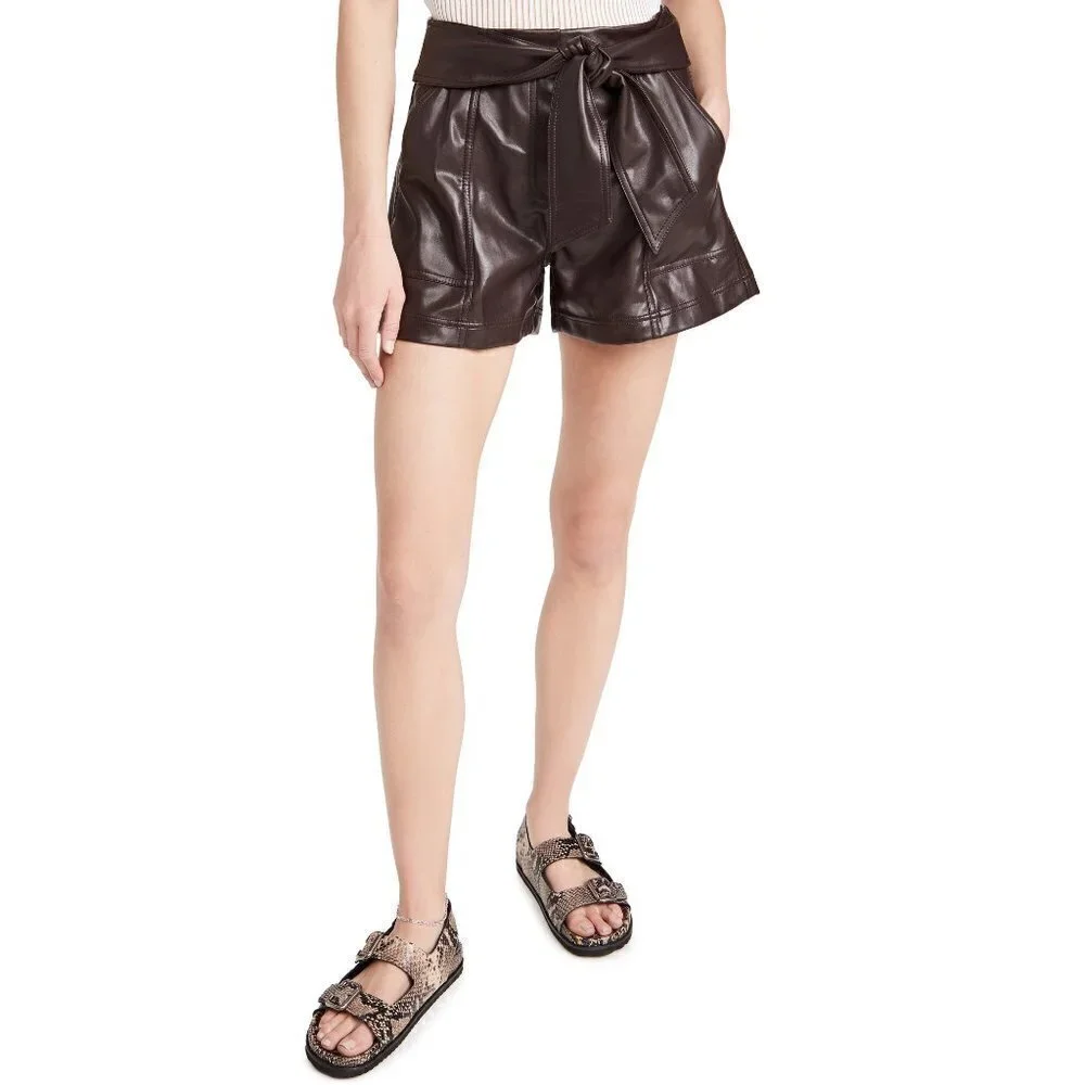 💕JONATHAN SIMKHAI💕 Mari Vegan Leather Tie Shorts Chocolate Dark Brown 10 NWT - Picture 4 of 12
